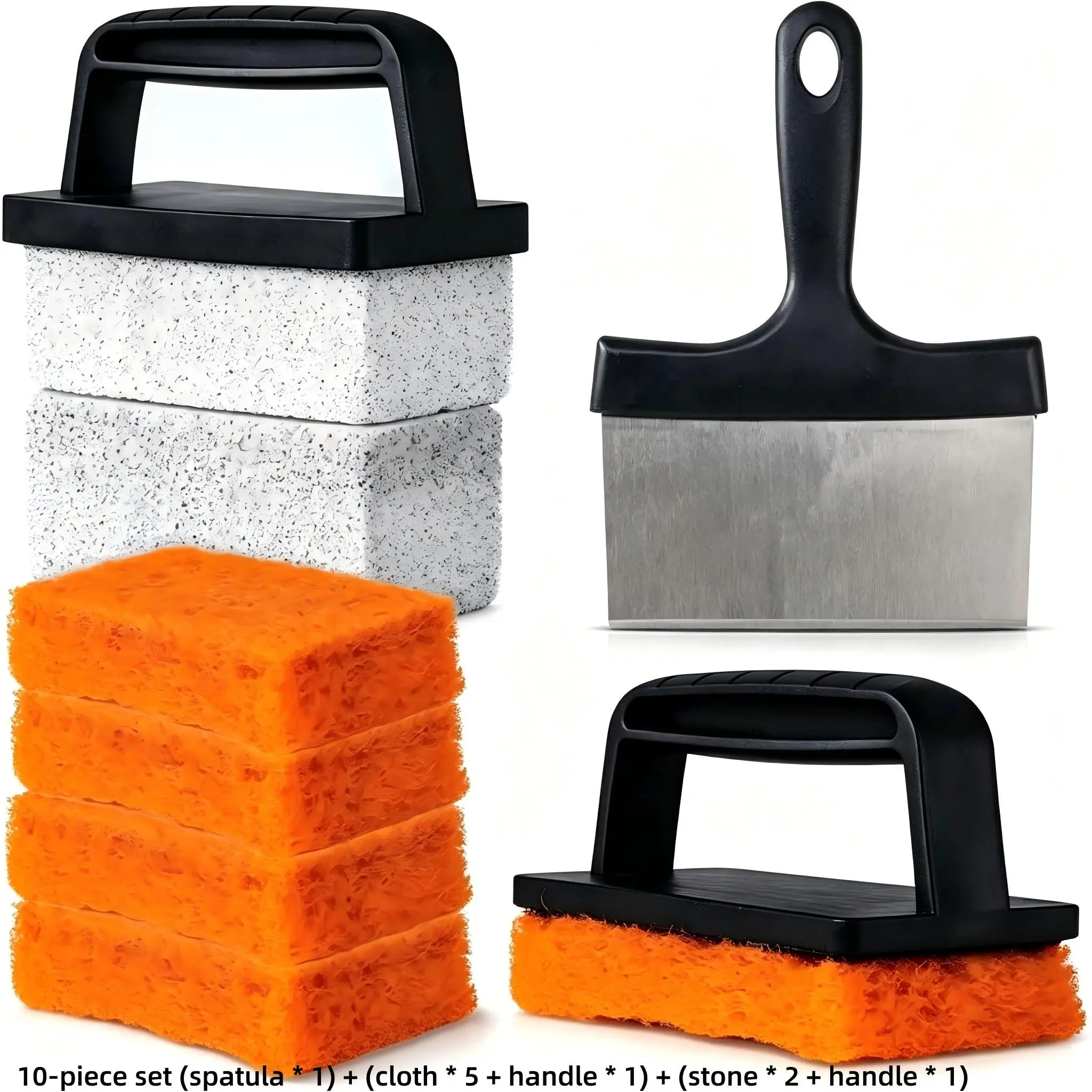 Professional 10Pcs Griddle Accessories Cleaning Kit, Grill Cleaner Tools with Scraper, Grill Stones, Scouring Pads and Ergonomic