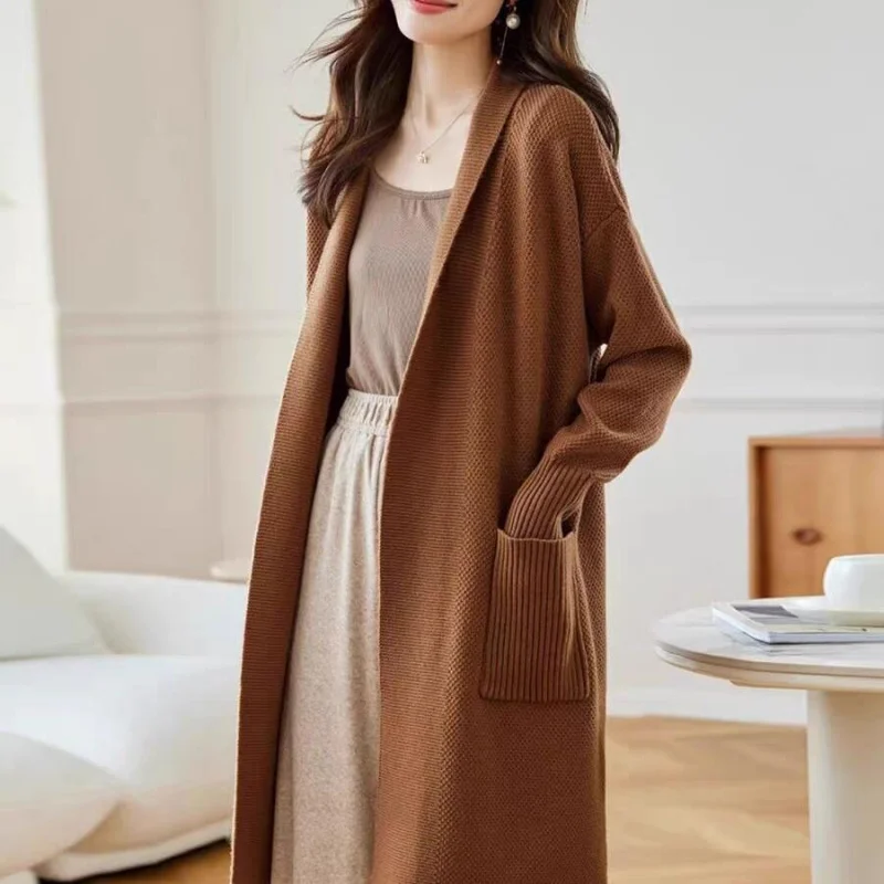 

Mid-Length Hooded Wool Knitted Cardigan Women, New Autumn And Winter Style, Lazy And Relaxed Feel, Outerwear Sweater Coat