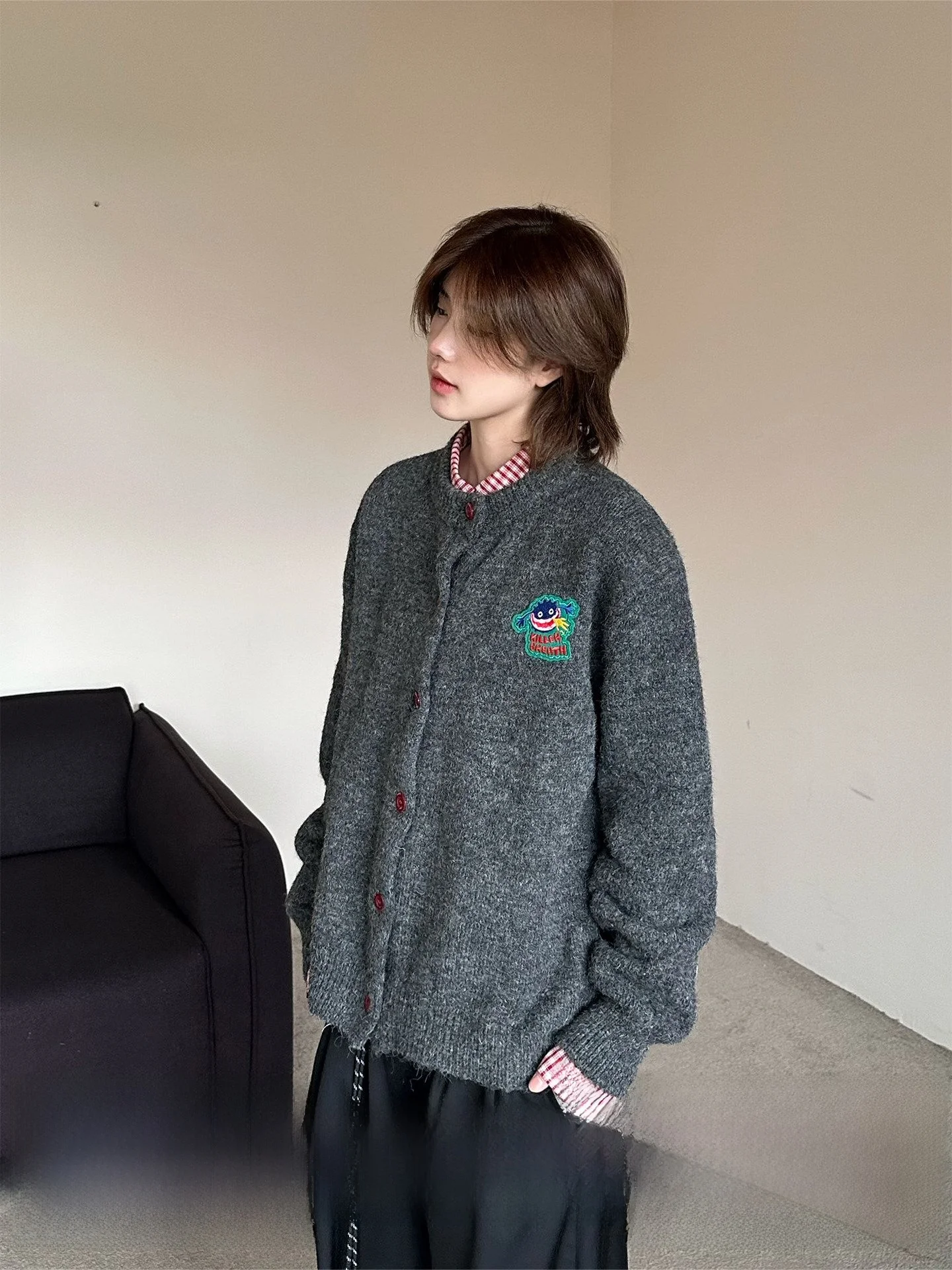 

Casual round Neck Knitted Sweater Coat Unisex Loose Fit Spring Autumn Season Cartoon Pattern Long Sleeve Regular Length