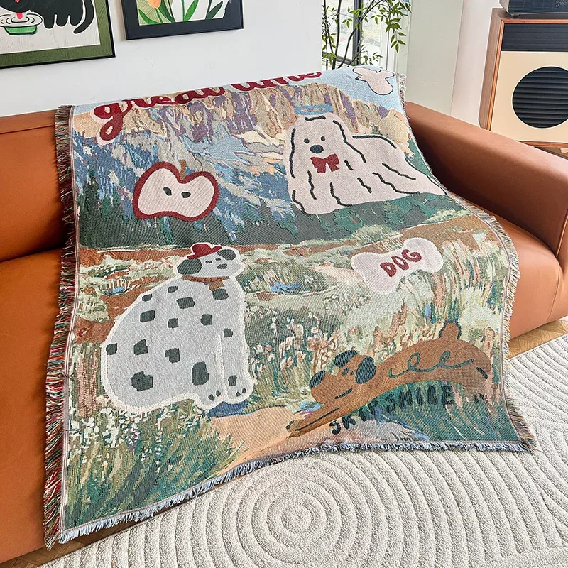 Cute Dog Cotton Thread Blankets Sofa Throw Cartoon Puppy Park Outdoor Camping Picnic Blanket Korean Style Decorative Tapestry