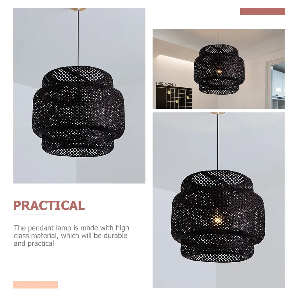

Bamboo Woven Pendant Light 30cm Black Shade Dining Table Restaurant Vintage Hanging Lampshade Ceiling Lighting Home Decor
