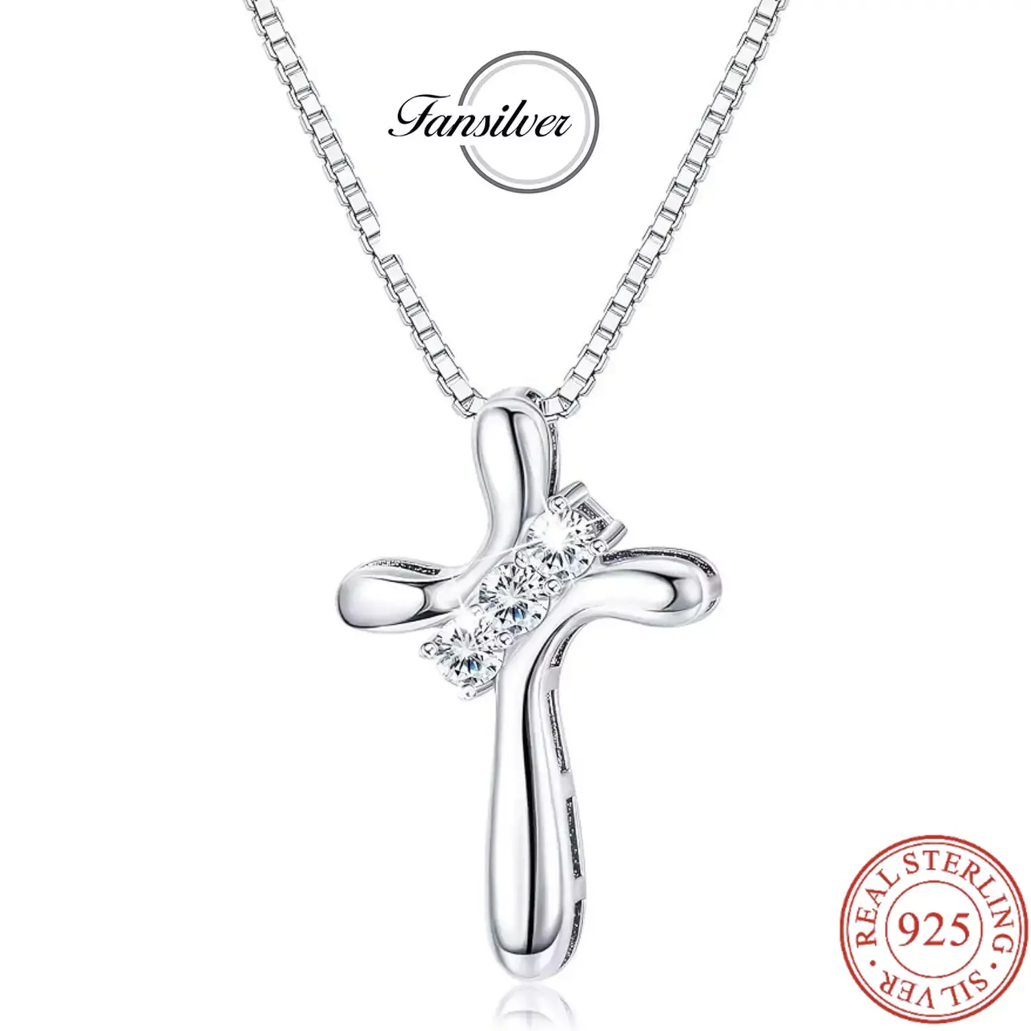 

Fansilver 925 Sterling Silver Cross Necklace 18k Wihte Gold Plated Austria Cubic Zirconia Cross Pendant Necklace for Women Man