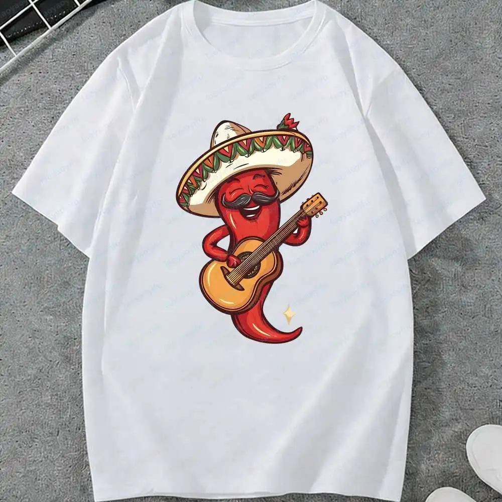 Camiseta Cinco De Mayo con Diseño de Chile Tocando la Guitarra, Divertida Camiseta Mexicana con Gráfico de Sombrero y Chile, de Algodón, para Fiesta, para Hombre y Mujer
