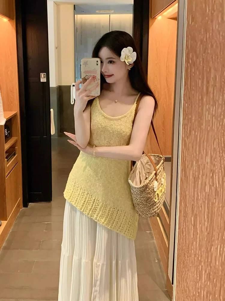 

High Waist Knitted ter Dr Set Women's Summer New Sle Vaion Loose Fit Folded Skirt Two-Piece Suit Faionable Ensemble