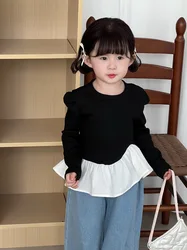 Spring 2025 New Fashion Girls Blouse 2-7Y Kids Long Sleeve T-shirt Children's Irregular Patchwork Bottoming Shirt Girls Clothing