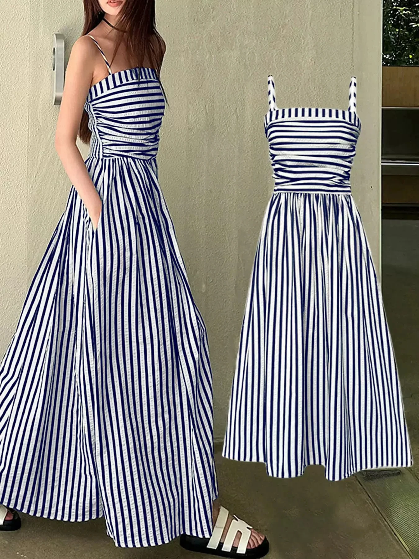 Summer new striped camisole dress with feminine temperament, waist cinched, shoulder exposed, strapless long skirt