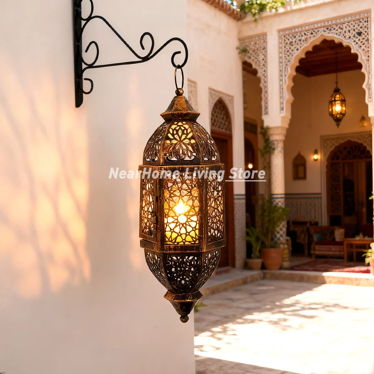 Retro Iron Art Moroccan Lantern Candelabra Candle Holder Hollow Out Candelabra Hurricane Lamp Hanging Decoration Ornaments