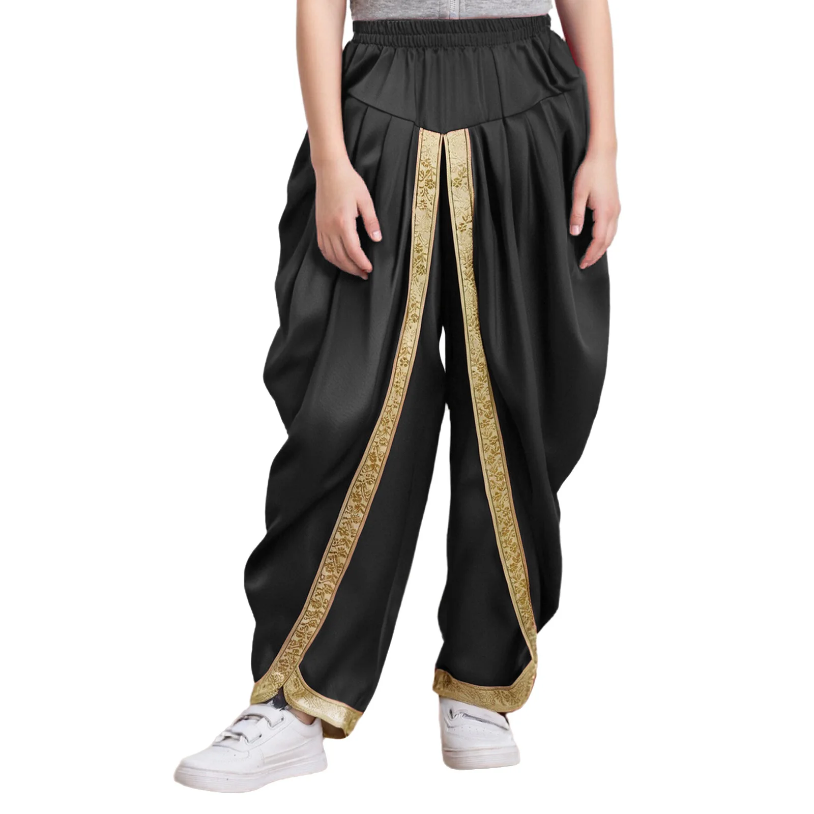 

Kids Girls Boys Satin Dhoti Pants Indian Dance Costume Elastic Waist Draped Baggy Trousers for Halloween Party Fancy Dress Ball