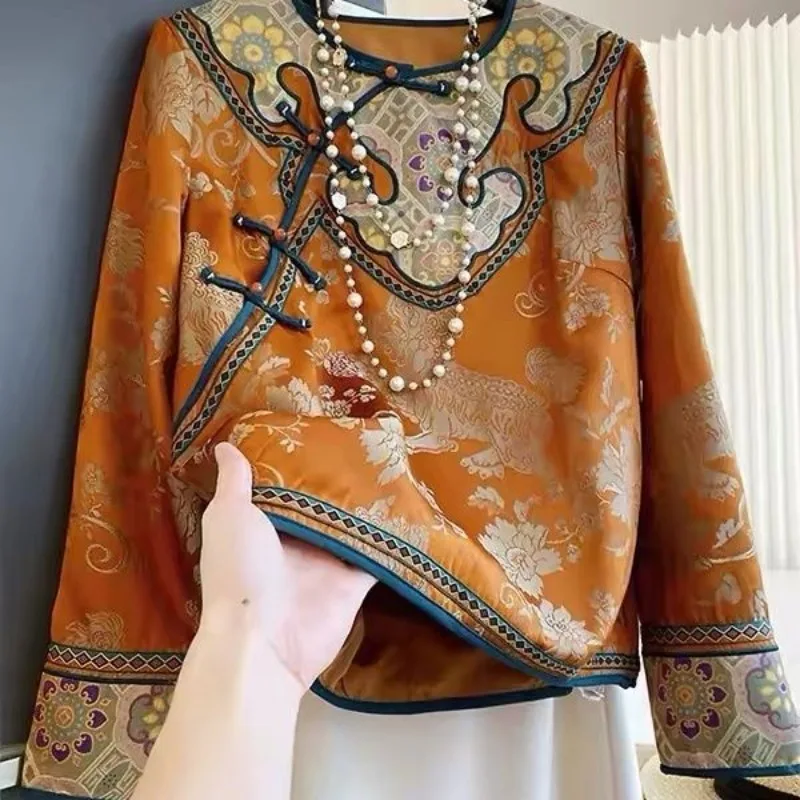 New Chinese-style Traditional Chinese Top, Orange Round-neck Long-sleeved Loose Tang Suit Early Spring New Fashion Personalized