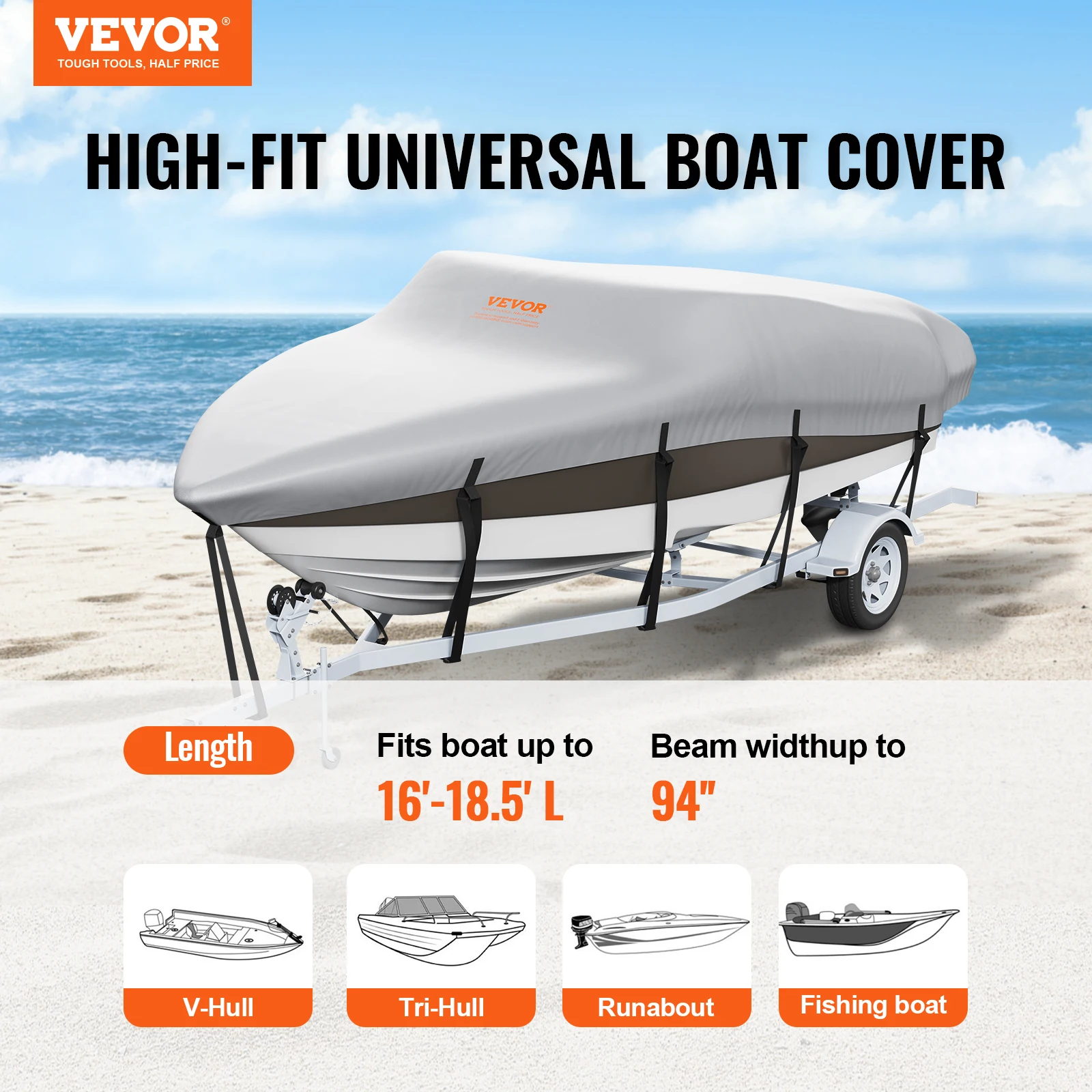 VEVOR 16'-18.5' Trailerable Waterproof Boat Cover 600D Marine Grade PU Oxford for V-Hull Fish Ski Boat Runabout Bass Boat