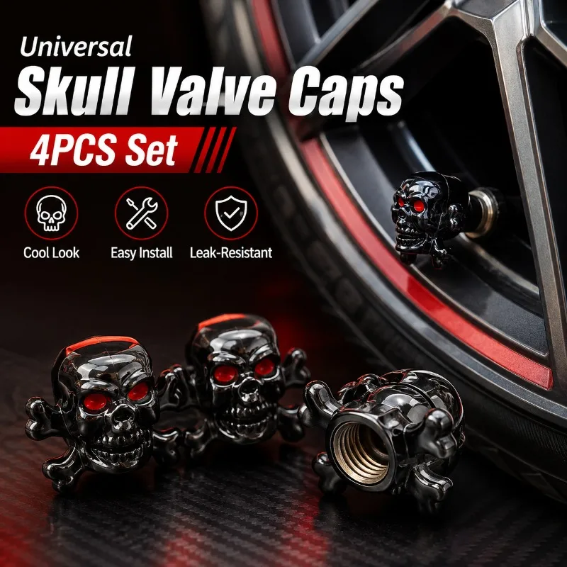 4PCS Universal Skull Tire Valve Caps, 8V1 Schrader Thread Metal Stem Covers, Decorative Accessories for Car Motorcycle Bike