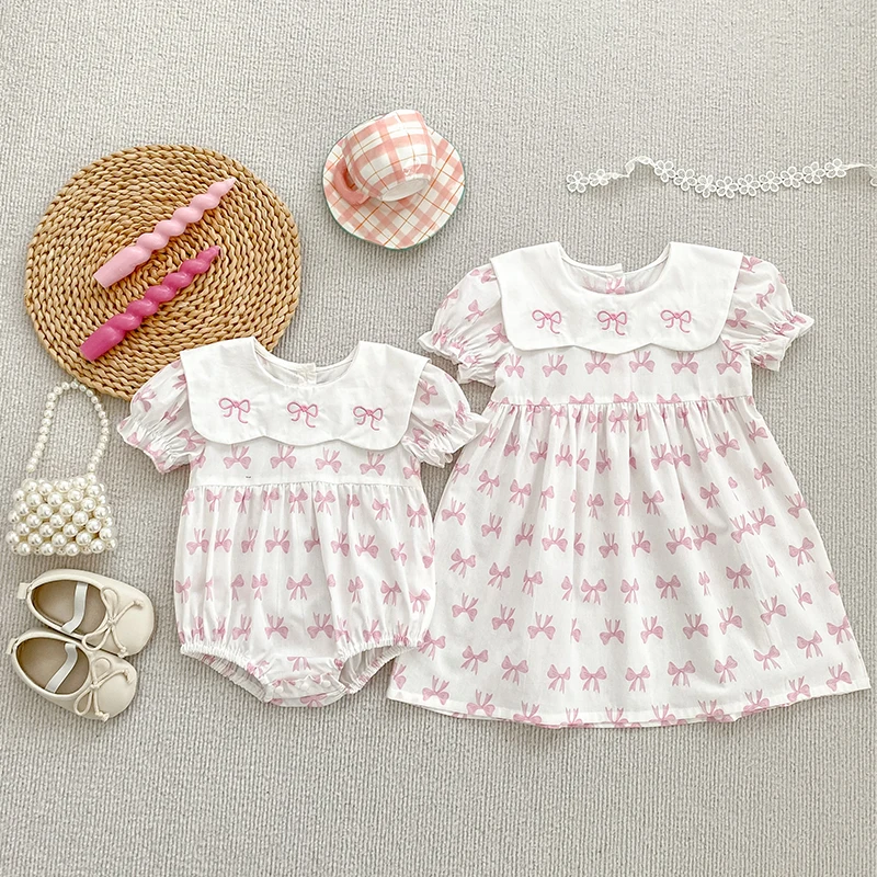 Pink Embroidery Bow Dress Baby Girl Petal Collar Romper Elegant Princess Birthday Party Dress Summer Infant Clothes Sister Look