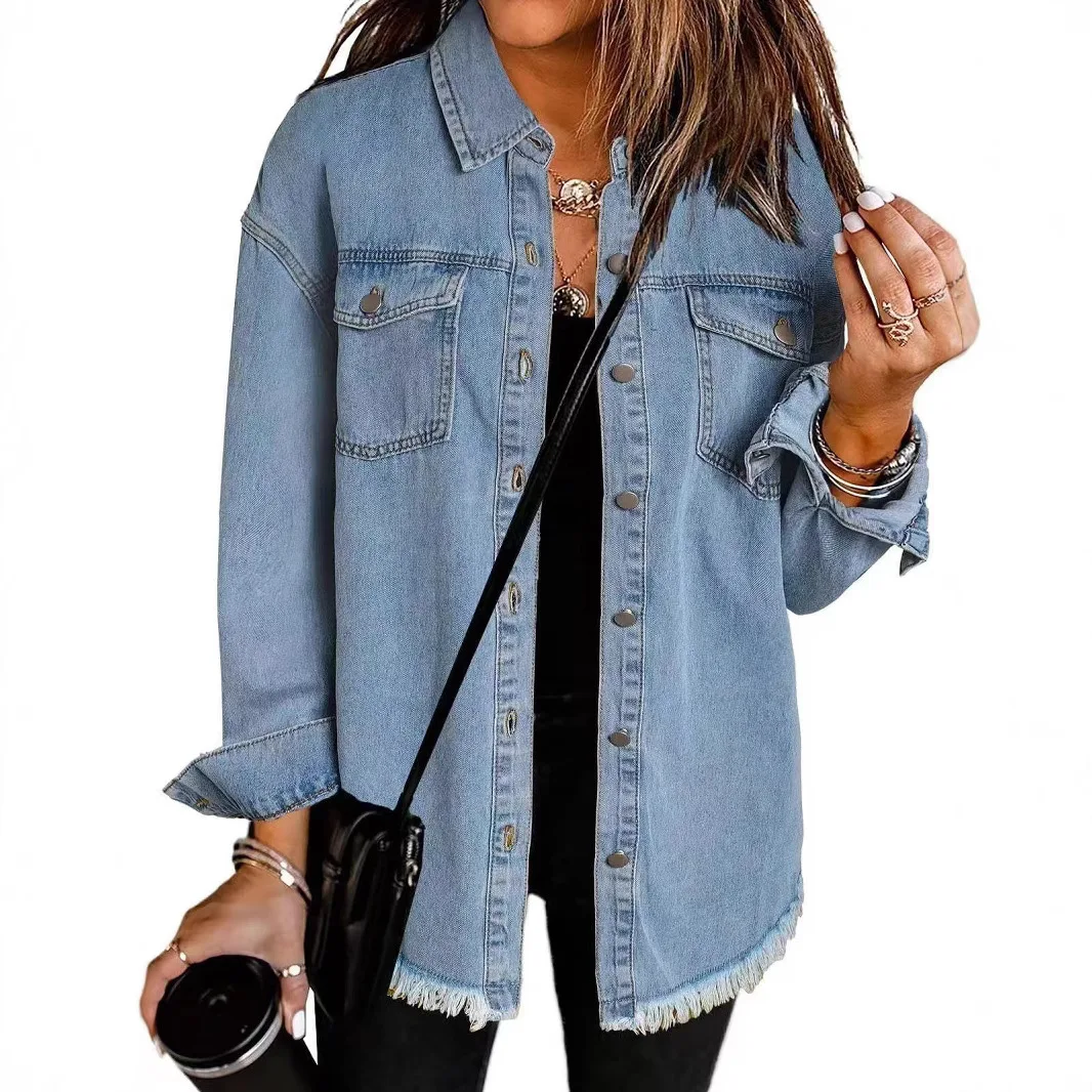 Washed Denim Jacket Women Autumn Tassel Lapel Jeans Female Casual Loose Long Sleeve Single Breasted Outerwear Shirts Coat