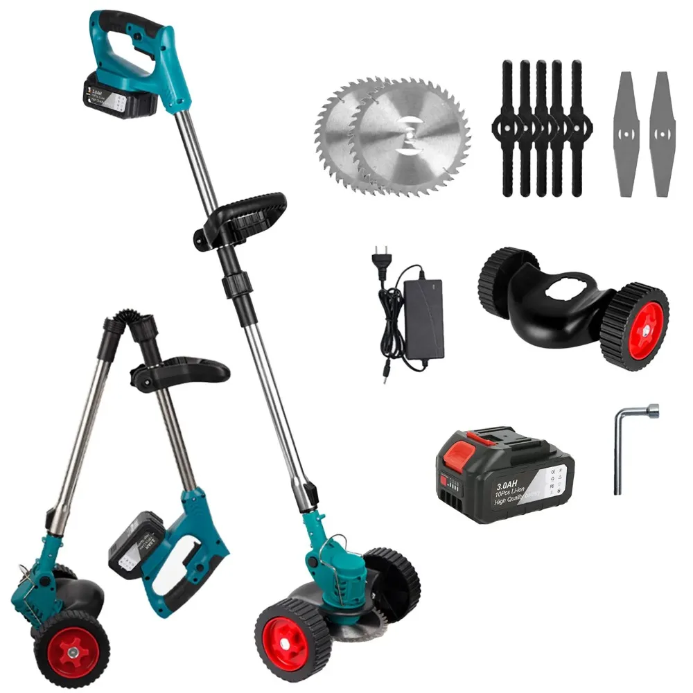 21V Cordless Lawn Mower Portable Weeding Machine With Wheels 3 Types Blades For Garden Pruning Handheld Electric Grass Cutter