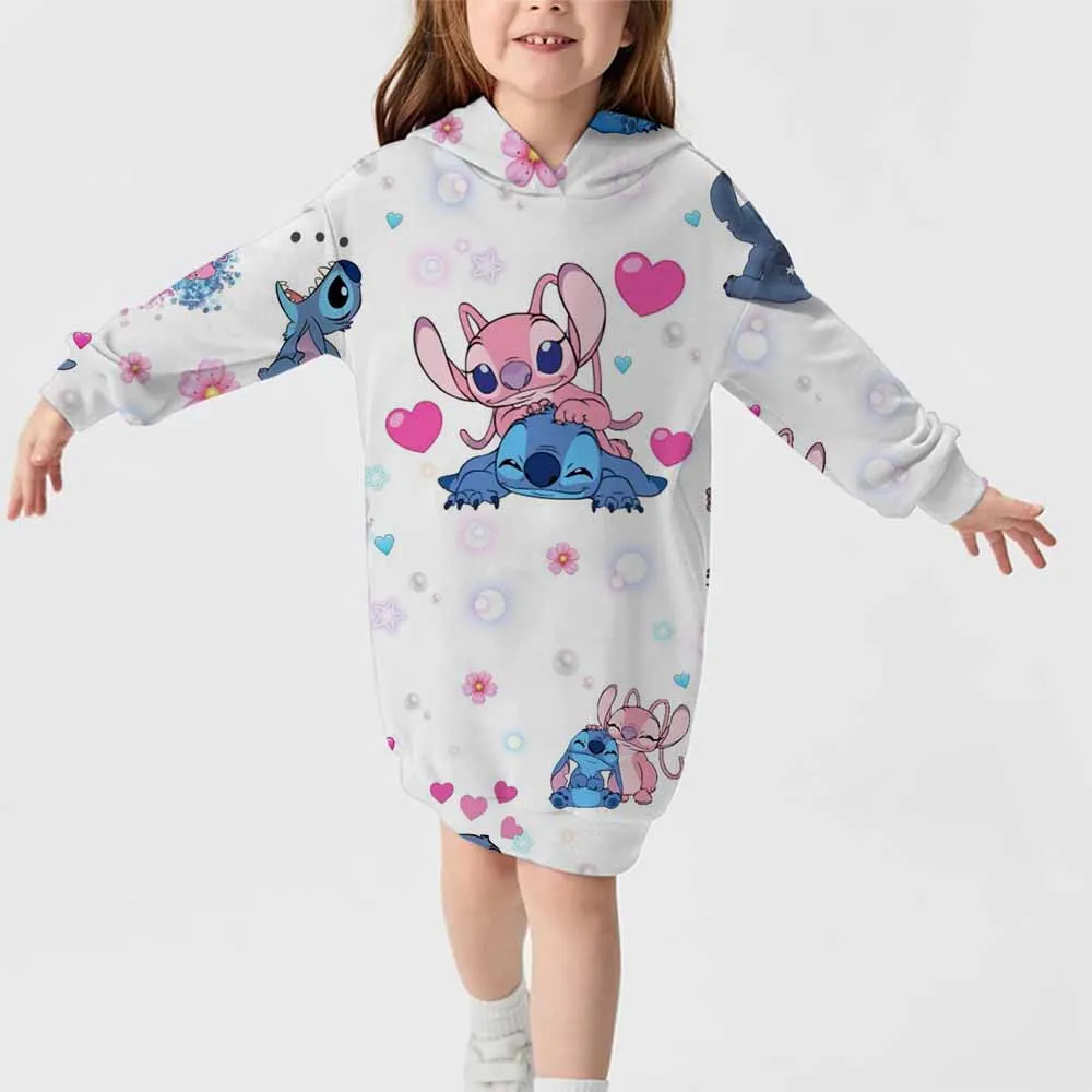 

Girls Disney Stitch Comfortable Sweet Hoodie Dress Christmas Print Autumn and Winter Princess Dress Hoodie Top Fashion Clothes