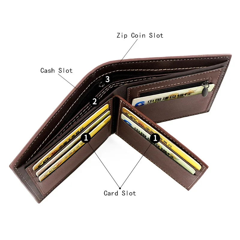 New Men Wallets Zipper Coin Pocket Slim Card Holder Name Engraved Luxury Male Short Purses High Quality PU Leather Men's Wallet