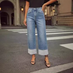 Autumn New Women Jeans Crop Straight Leg Jeans Curled Denim Jeans Nine-point Pants