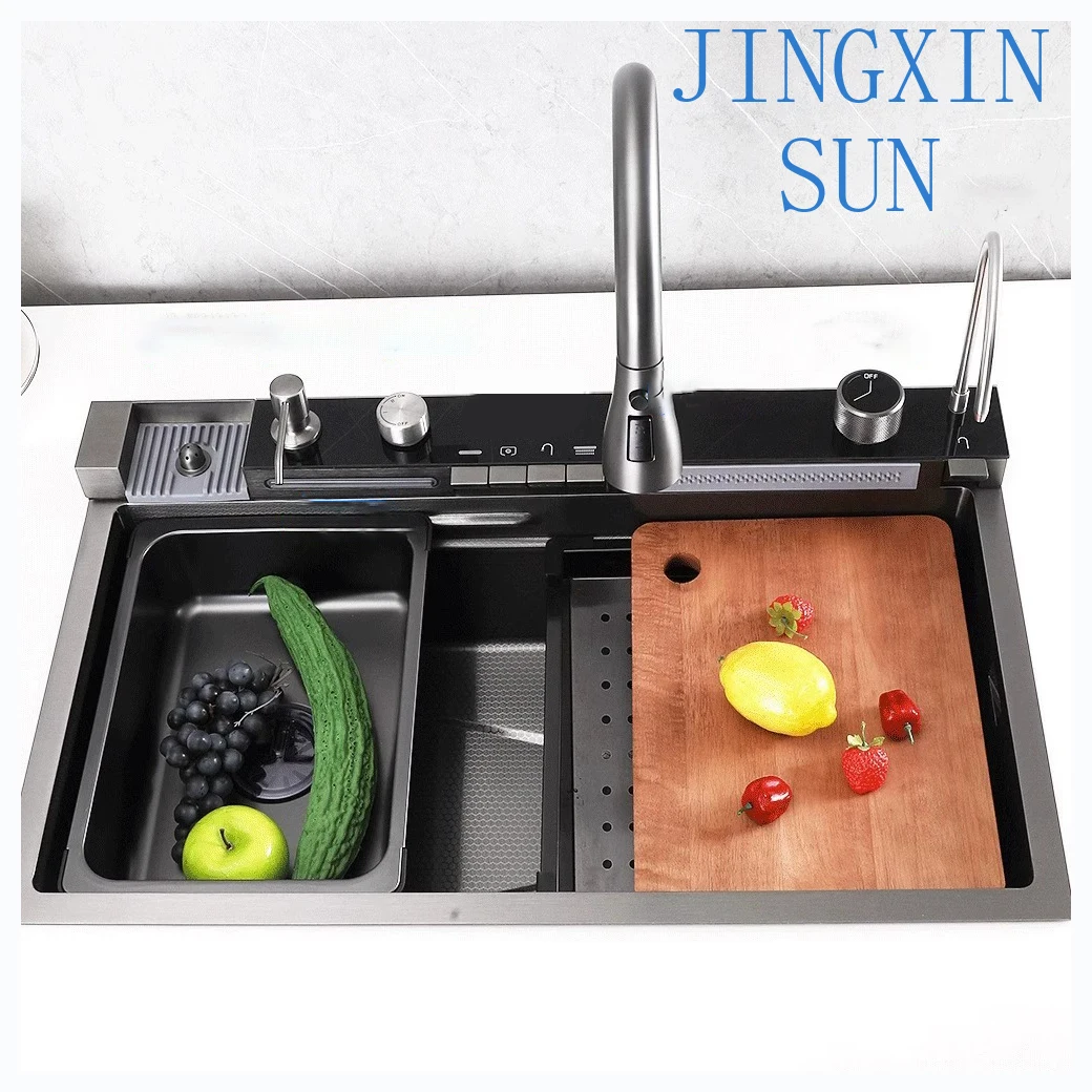 High-End 304 Stainless Steel Single Bowl Kitchen Sink With Faucet Multi-Functional Waterfall Integration Dish Rack