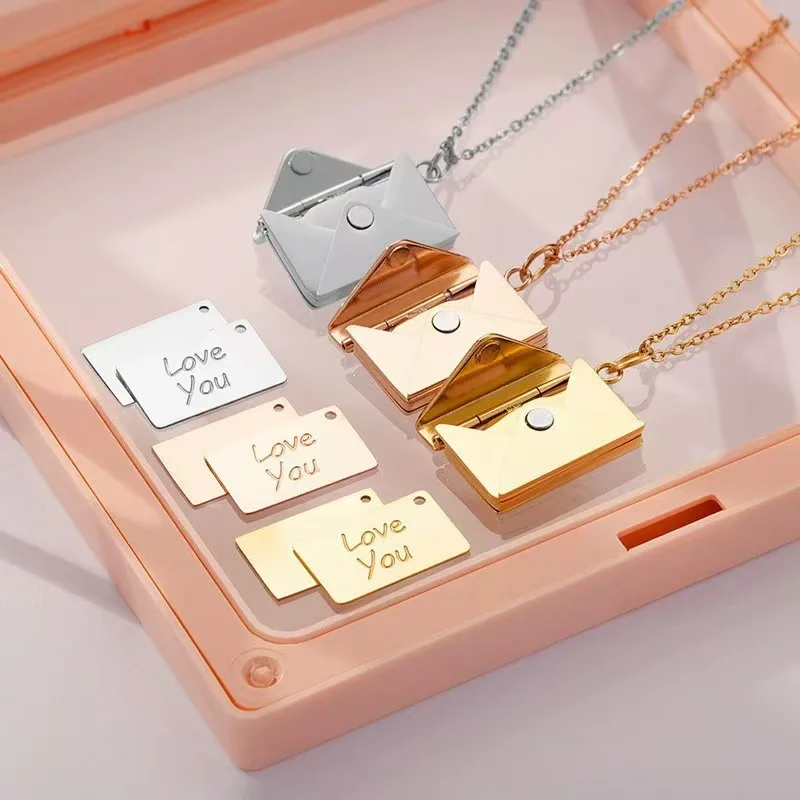 New Fashion Portable Envelope Locket Necklace Confession Love You Stainless Steel Love Letter Envelope Pendant Pendant Jewelry