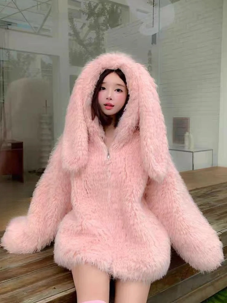 

Корейское милое пальто с кроличьими ушками, женское пальто с длинным рукавом Harajuku Kawaii, милая шикарная меховая куртка Y2K, модная однотонная верхняя одежда, новинка зимы 2023 г.