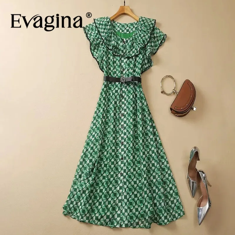 

Evagina Fashion Women's New Chiffon Round Neck Butterfly Sleeved Lace-Up Geometric Flounced Edge Printed Vintage MIDI Dress