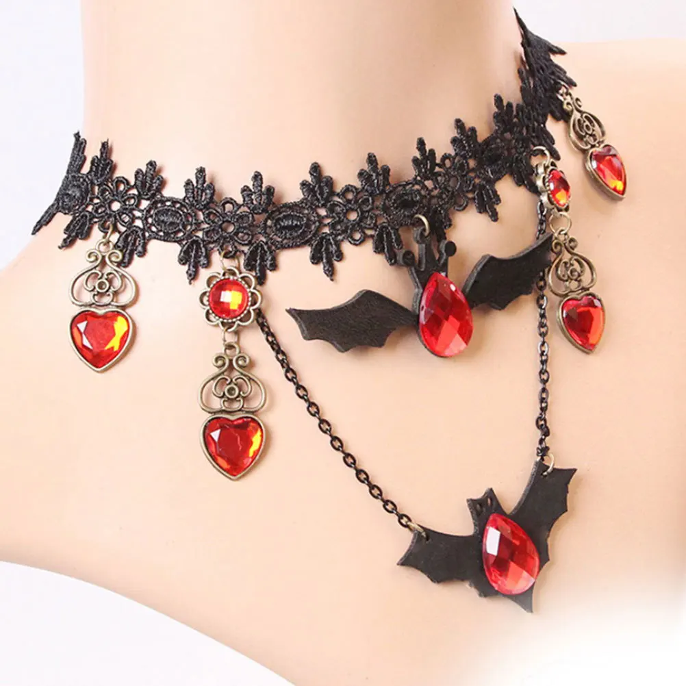 สร้อยคอวินเทจรูปค้างคาว 2 ชิ้น สำหรับผู้หญิง สไตล์โกธิค แวมไพร์ เครื่องประดับฮาโลวีน อุปกรณ์เสริมชุดแฟนซี จี้รูปค้างคาว โลหะผสม โพลีเอสเตอร์
