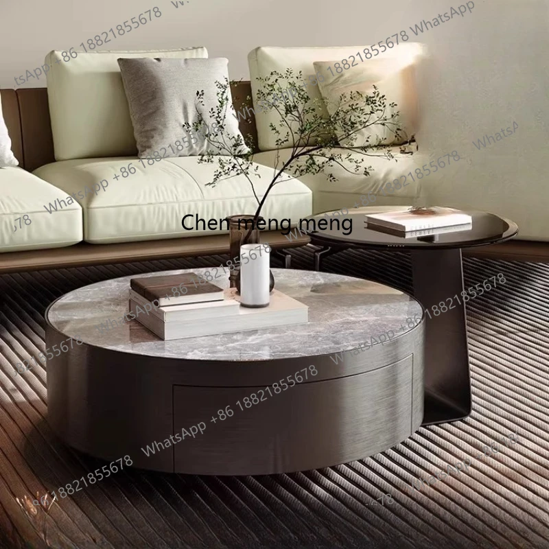 

Italian Style Stainless Steel Round Rock Plate Coffee Table Living Room Household with Drawer Tea Table Table