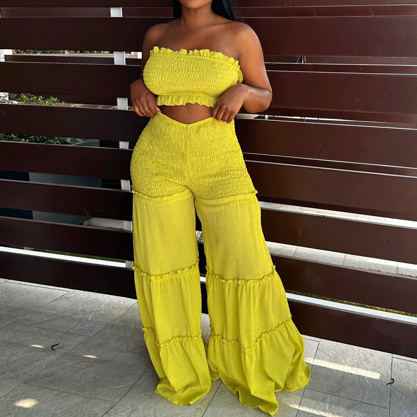 

Summer Sexy Ruched 2 Piece Set Pleat Strapless Panel Ruched Bell-Bottoms Women Street Fashion Set