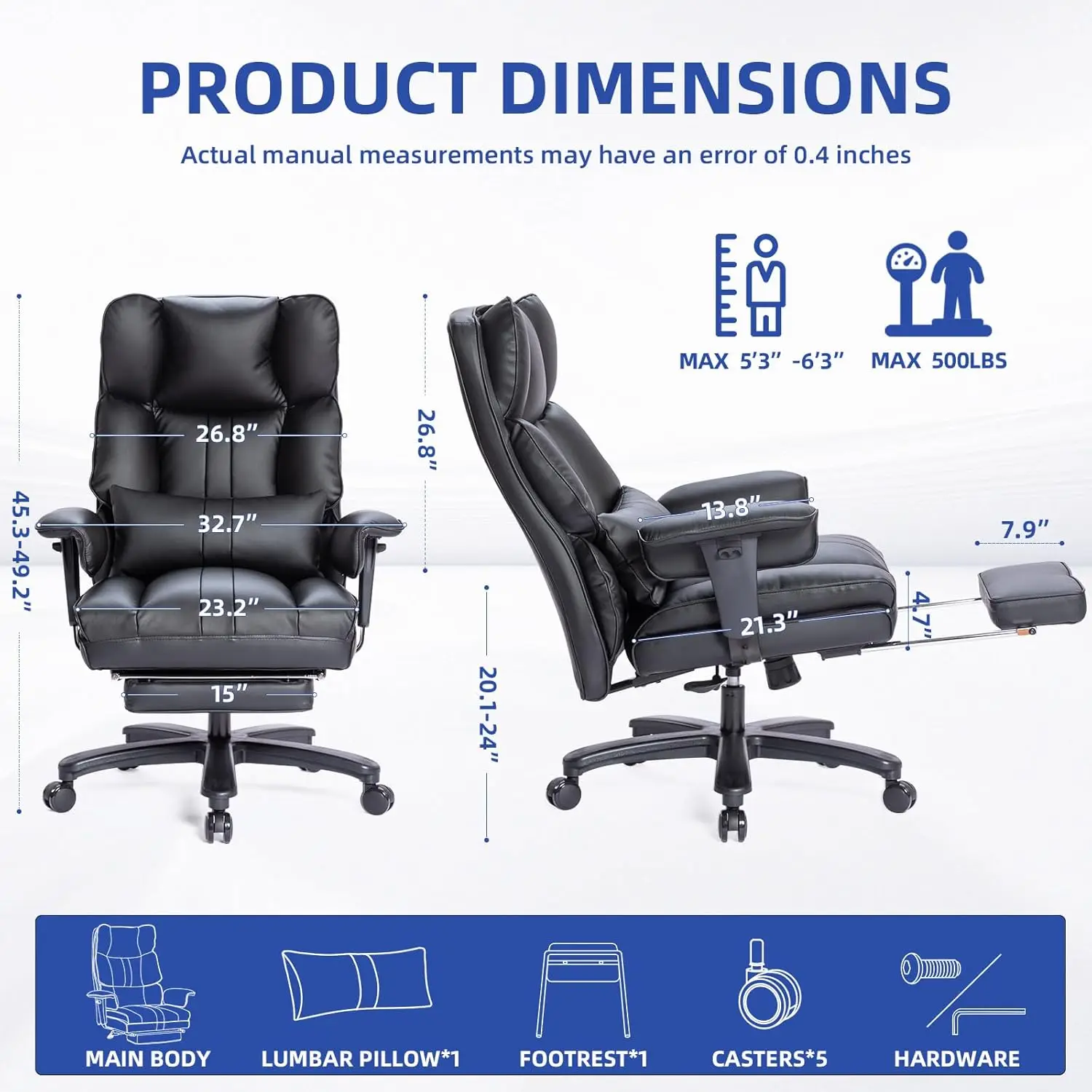 Big And Tall Office Chair 500Lbs Wide Seat Executive Office Desk Chair High-Back Office Task Chair With Foot Rest, Ergonomic