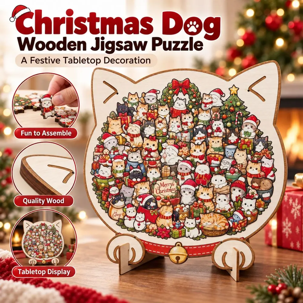 Wooden Christmas Dog Puzzle Irregular Shape Santa Pattern Puzzle Ornament Freestanding Three Dimensional Holiday Puzzle Ornament