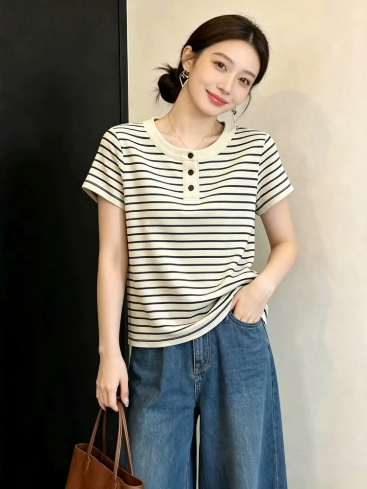 Ladies' Summer Slim Fit Striped round Neck Short Sleeve T-Shirt Lazy Style Color Block Loose Versatile Top for plus Size Women