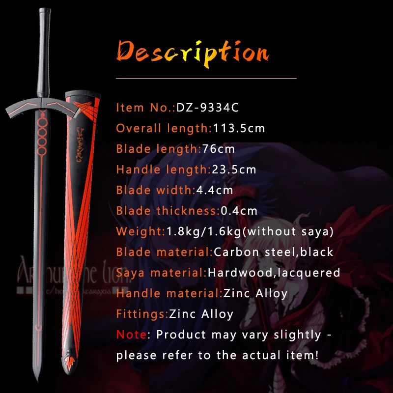 Fate Stay Night Saber Alter Excalibur Morgan Black Holy Sword,Carbon Steel Painted Blade,Replica Anime Sword,Wooden Saya Gift