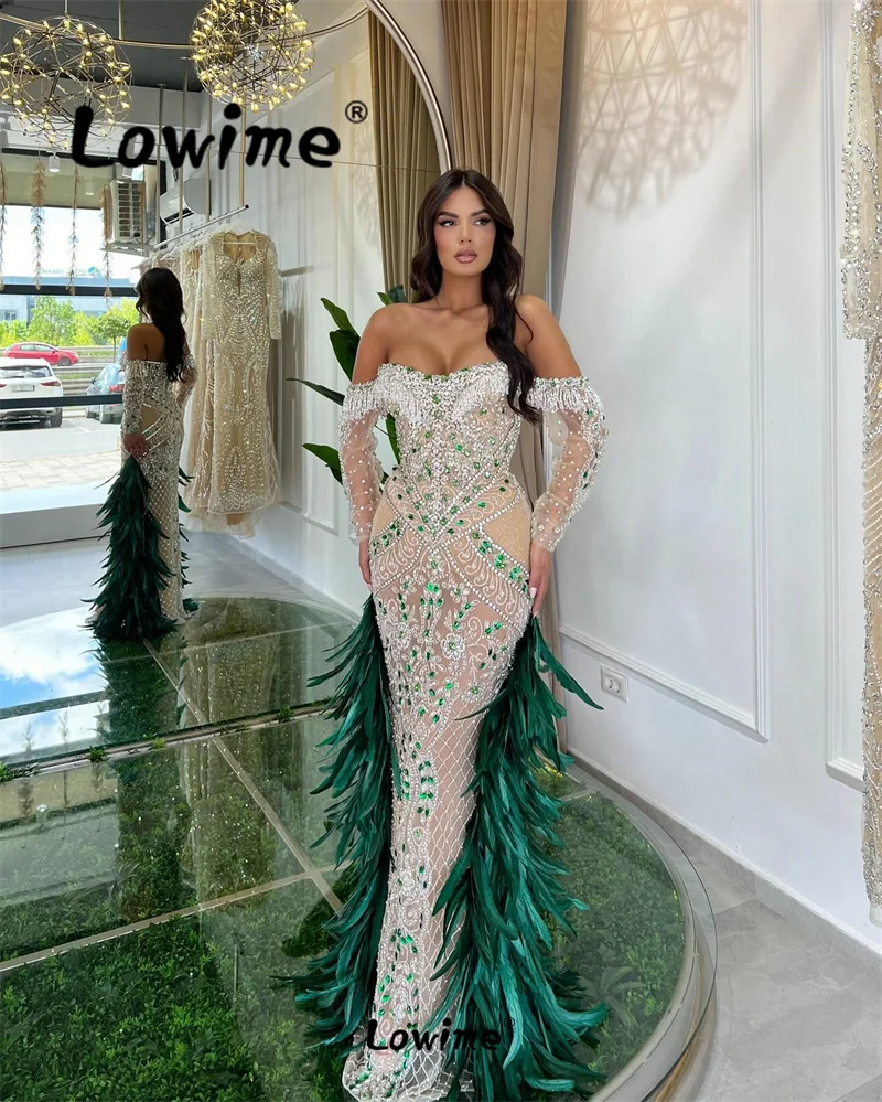 Luxury Green Feathers Mermaid Prom Dress Off Shoulder Crystals Celebrity Dresses Aso Ebi Women Evening Gowns Wedding Party Dress