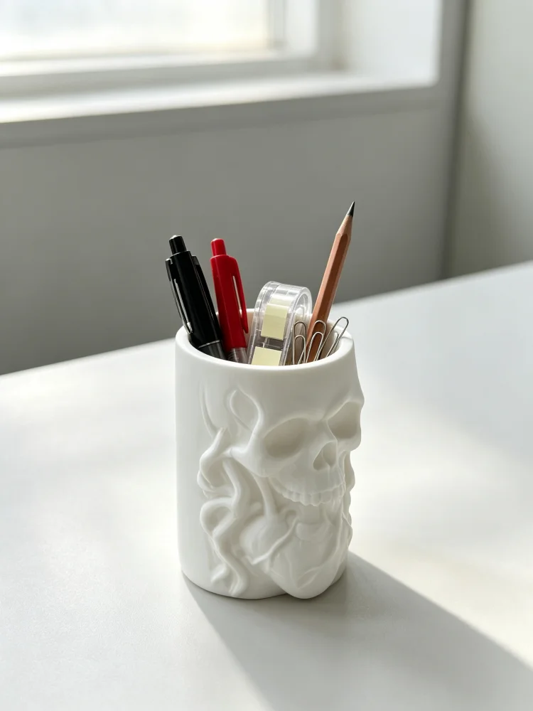 Gothic-Style Desktop Pen Holder with Skeleton Heart Relief, Anatomical Heart-Shaped Spooky Skeleton Pencil Holder, Petg Matte White Hard Plastic Desktop Pen Cup, Desktop Pen Storage Box, Desktop Organizer for Office Supplies, Home Office Study Area Desktop Decoration, Storage for Fountain Pens, Pencils, Markers, Scissors, Various Small Stationery Items, Dark Aesthetic Accessories, Unique Novelty Gift for Halloween