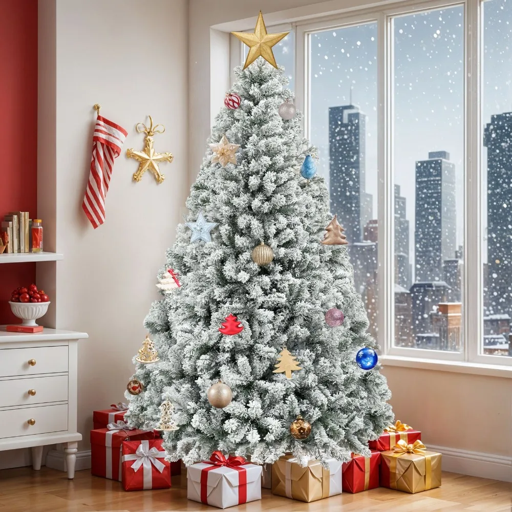 

6ft Snow Flocked Artificial Full Christmas Tree w/880 Branch Tips &Foldable Base