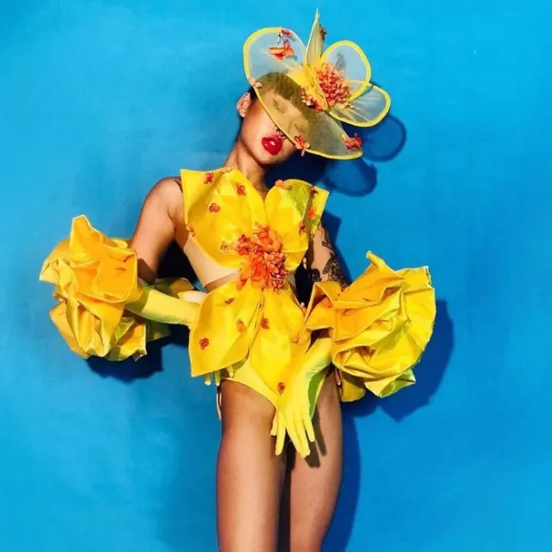 Klub nocny Bar Wiodący taniec Seksowny Żółty Kwiat Bikini Rękawiczki Strój do występów Festiwal Impreza Pokaz Kostium Drag Queen