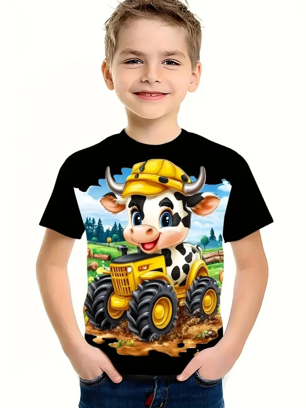 

Kawaii Cow Boys T-Shirt Cars 3D Print Short Sleeve Tops Fashion Pullover Kids Clothes Outdoor Loose Causal Children's Clothing