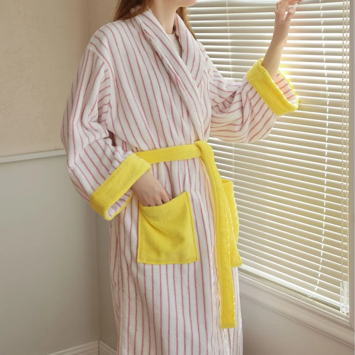 Color Matching Cotton Bathrobe Striped CottonYarn Bathrobes Soft Cozy Absorbent Bath Towel Robes V Neck Hooded Loose Sleepwear