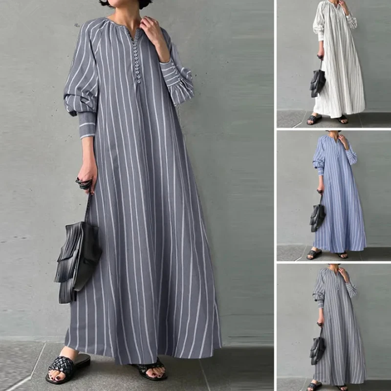 

Arabic Abaya Kimono Kaftan Muslim Dress Women Dubai Turkish Striped Linen Fashion Robes Gown Islamic Ramada Eid Prayer Dresses