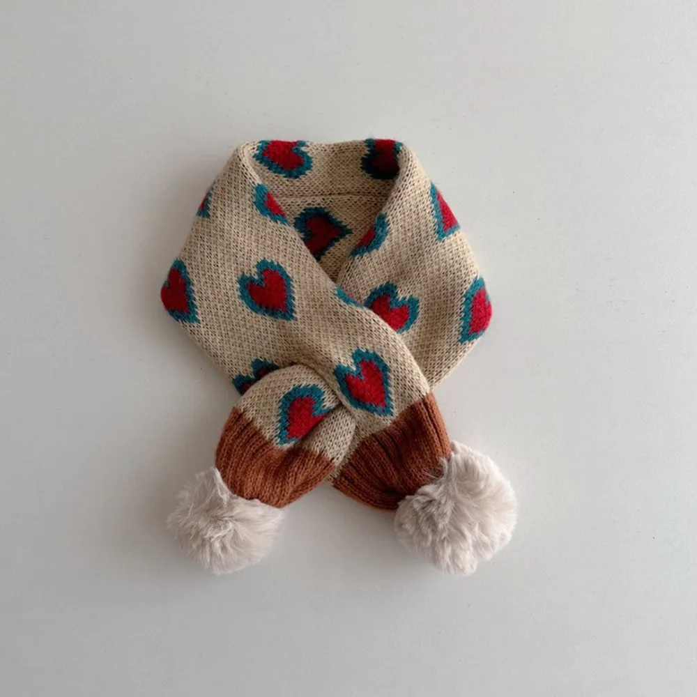 Thickened Children Knitted Scarf Adorable Heart Pattern Windproof Muffler Thermal Neck Warmer Cartoon Fleece Cowl Scarf