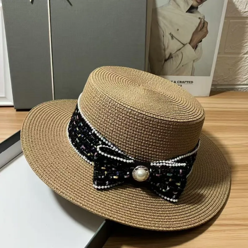 Women Summer Pearl Flat Top Lace Straw Hat UV Protection Beach Seaside Travel Commute Vacation Elegant Sun Hat