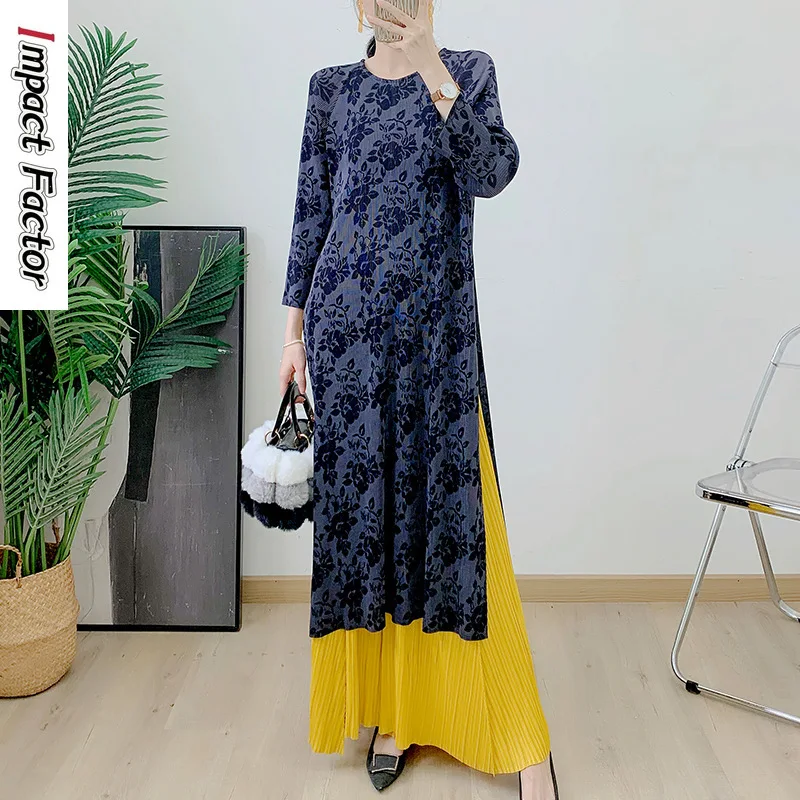 רטרו קלפתי שתי חתיכות 2024 באביב פיצול חצאית חדשה, גרסה משופרת qipao + צבע מלא מכנסיים