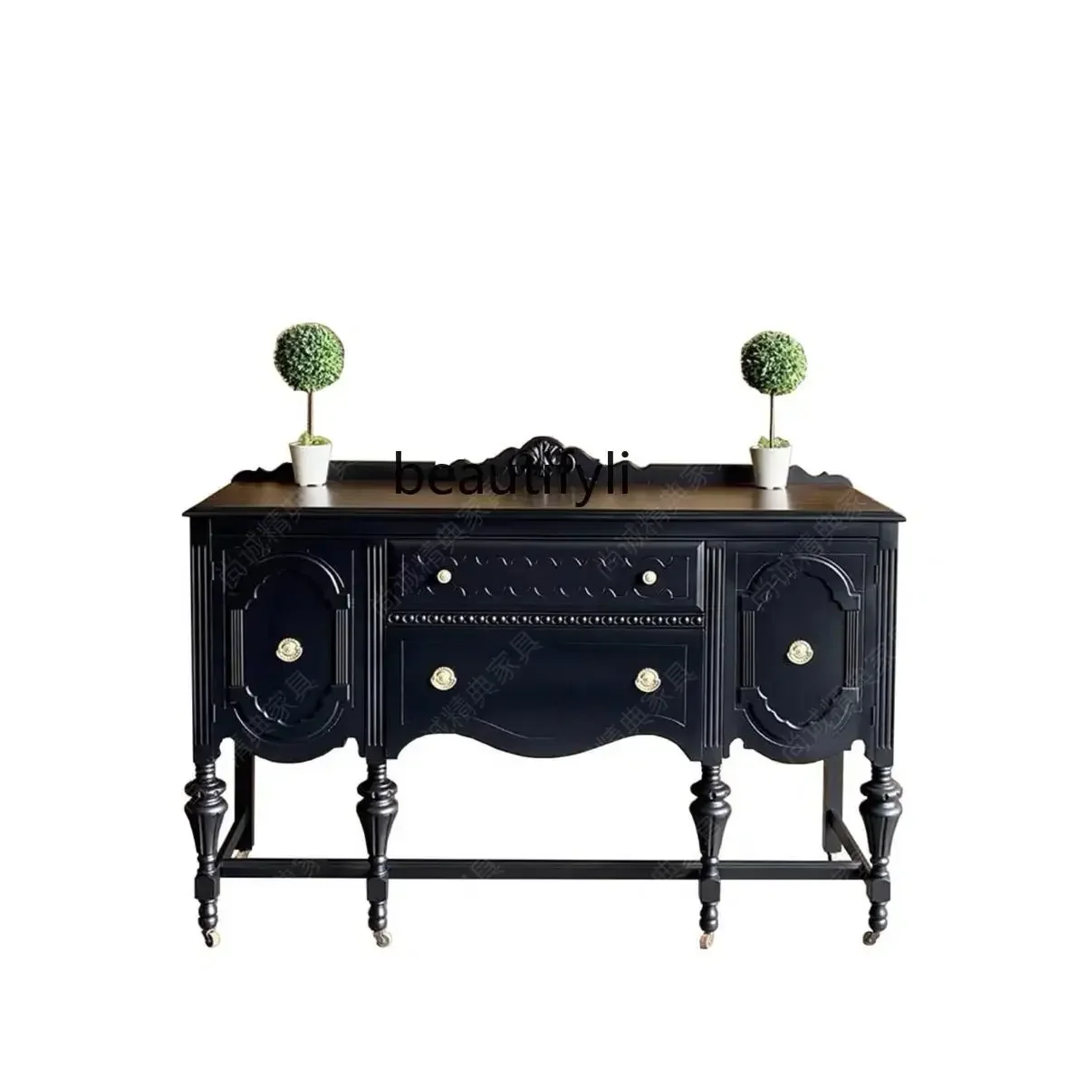 TTT HFrench retro solid wood porch table black American entry foyer decorative cabinet living room engraved locker