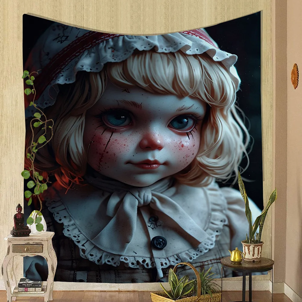 Horror Spooky Weird Little Girl Dolls Cartoon Tapestry Art Science Fiction Room Home Decor Wall Hanging Home Decor