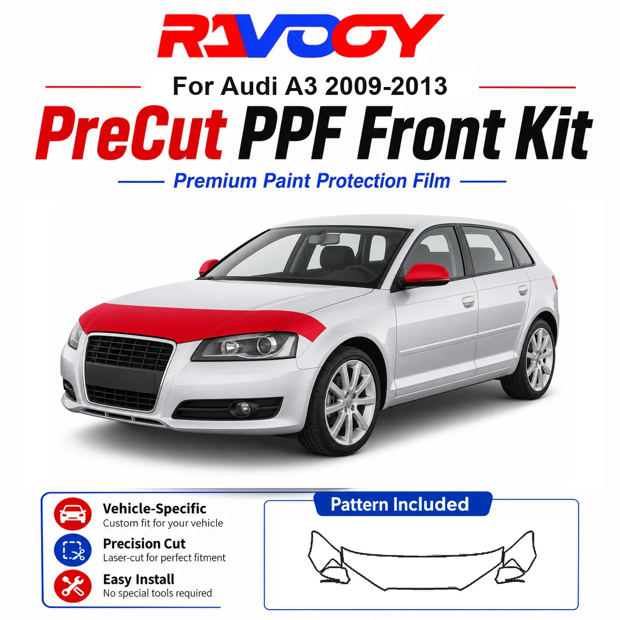 

8.5mil TPU Precut PPF Kit For Audi A3 2009-2013 - Hood, Partial Fenders & Full Mirror Set - Self-Healing Gloss Clear Bra Film