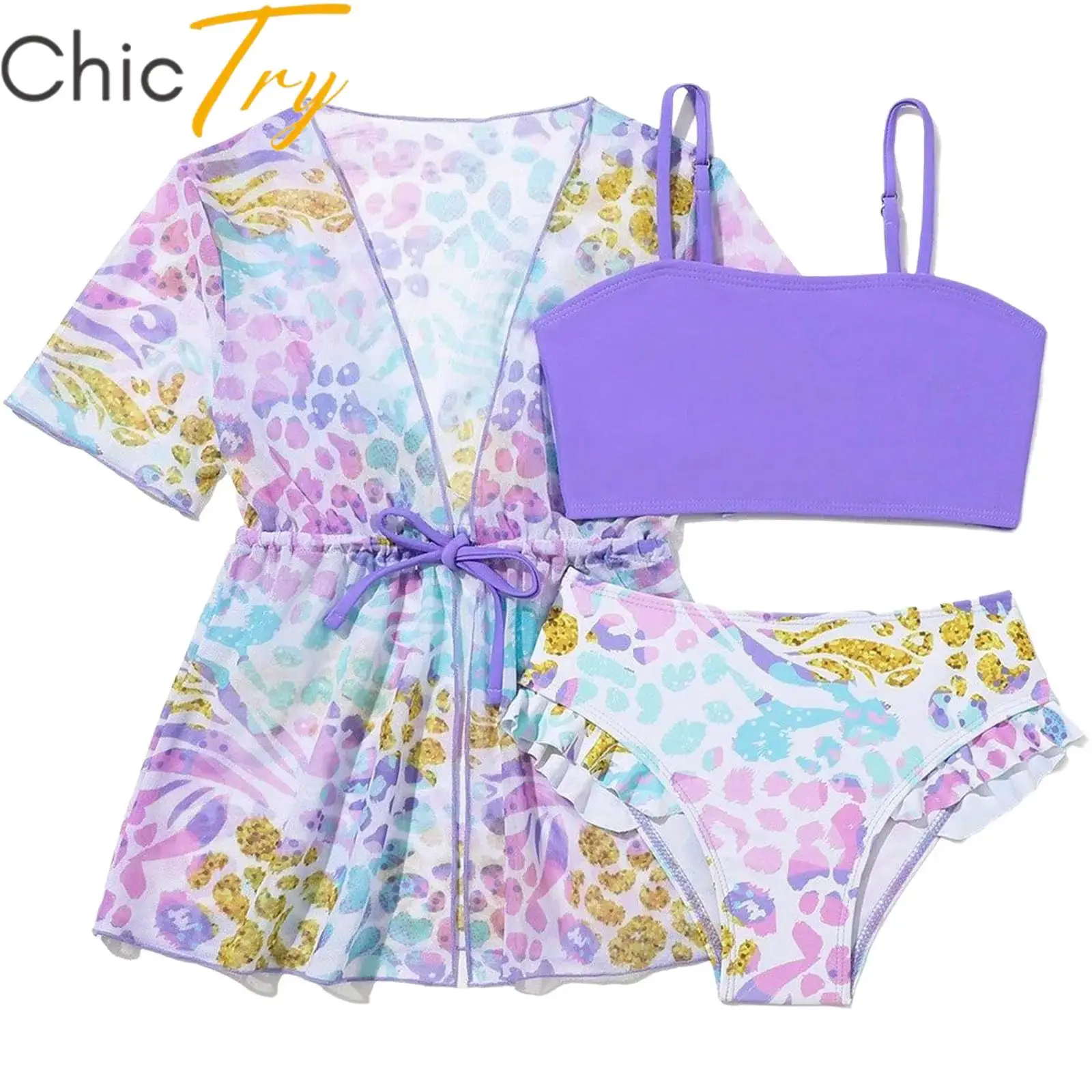 Kids Girls 3 Piece Swimsuit Short Sleeve Waist Drawstring Outwear and Adjustable Straps Top with Ruffled Briefs Swimwear Sets