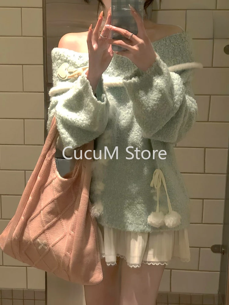 2000s Harajuku Kawaiii Sweet Y2k Pullovers Off Shoulder Elegant Knitted Sweaters Casual Cute Korean Fashion Jumpers Tops Woman