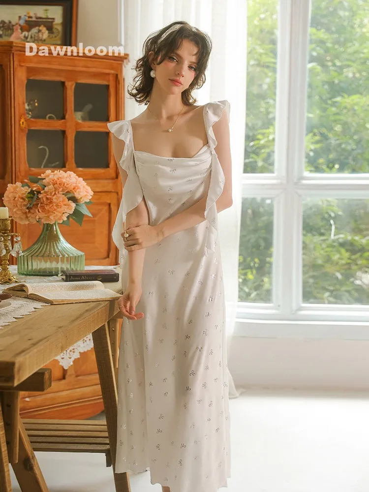 

White Satin Bow Print Ruffle Strap Maxi Nightgown French Vintage Elegant Open-Back Home Loungewear for Women