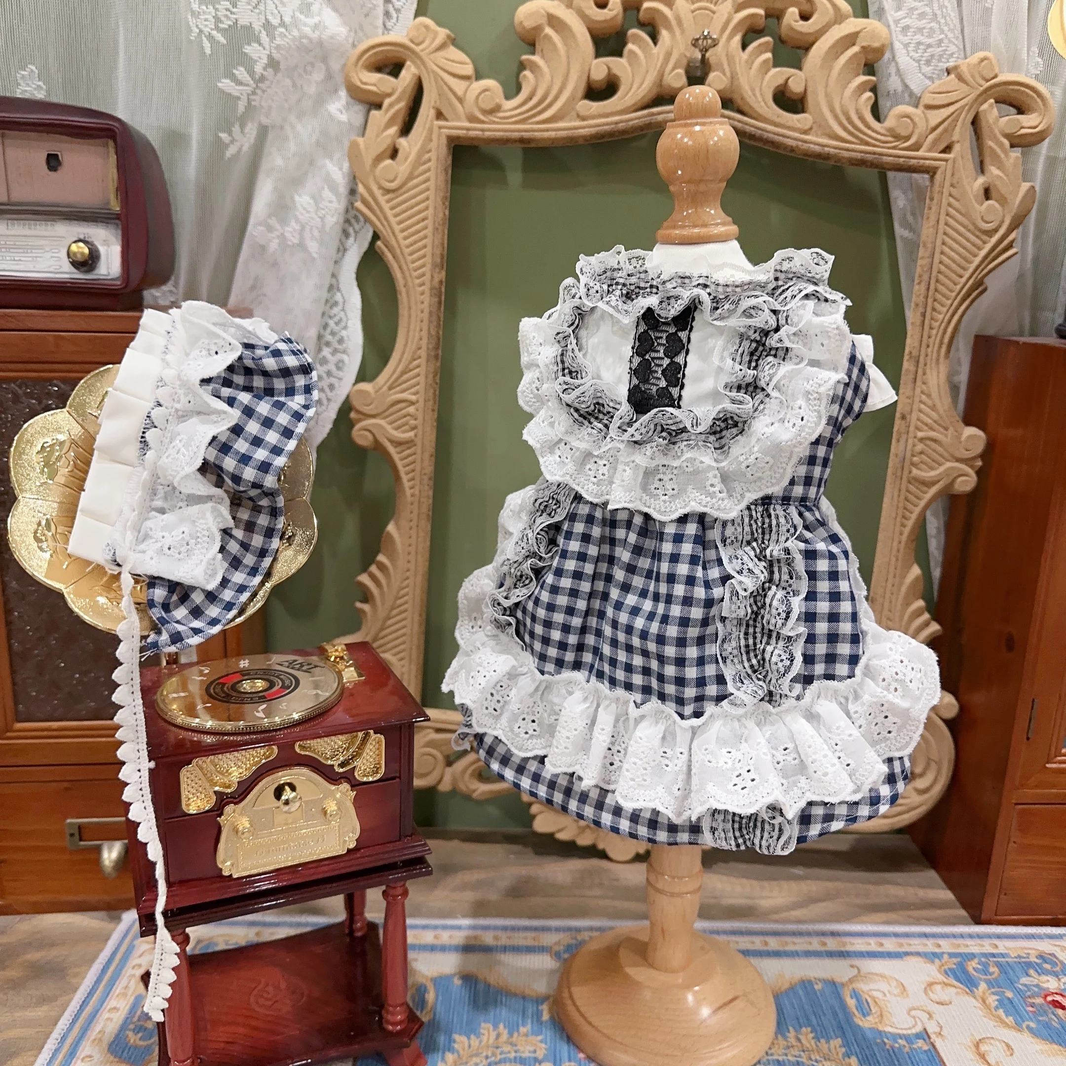 Handmade Design Pet Dog Clothes Lolita Cat Rabbit Skirt Retro Blue Plaid