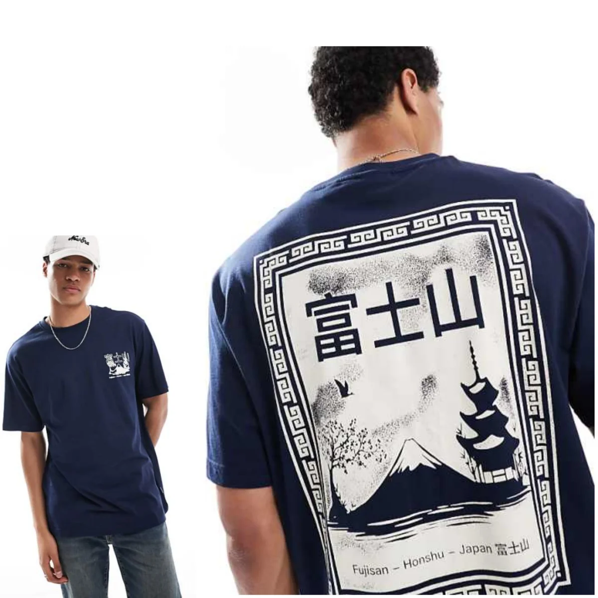 Oversized Fit T-shirt with Japanese Back Print in Navy High-end Luxury Unisex Style Both of Men and Women